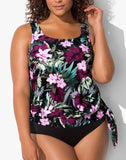 Wine Pink Flower Side Tie Blouson Tankini Set