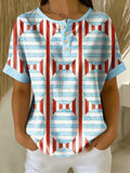 Retro Color-block Patchwork Print Loose-fit Cotton-linen Short-sleeve Shirt