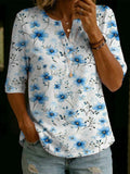 Women's Vintage Floral Art Print Cotton-linen Top With Henley Collar And Half Sleeves