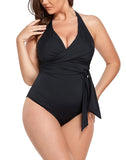 Black Faux Wrap Halter One Piece Swimsuit