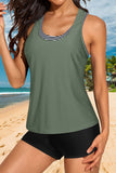 Green and Stripe 3 Piece Athletic Tankini Swimsuits for Women with Shorts Swim Tank Tops with Sports Bra