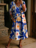 Women's Flower Print Casual Loose-fit Cotton-linen Dress With Lace Trim And Paneling