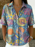 Women's Vintage Botanical Floral Casual Polo Collar Short-sleeved Linen And Cotton Shirt