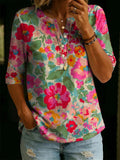 Women’s Vintage Floral Print Casual Half Sleeve Henley Cotton Top