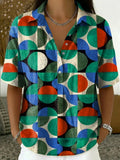 Retro Color-block Geometric Print Cotton-linen Short-sleeve Shirt
