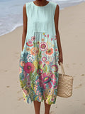 Women's Vintage Art Colourful Flowers Print Sleeveless Cotton Pocket Wrap Dress