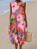 Women's Vintage Floral Pattern Art Print Sleeveless Cotton Pocket Wrap Dress