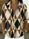Women's Retro Color-block Geometric Loose-fit Cotton-linen Short-sleeve Shirt