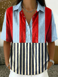 Women's Retro Color-block Striped Loose-fit Cotton-linen Short-sleeve Shirt