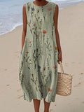 Women's Vintage Floral Art Print Sleeveless Cotton Pocket Wrap Dress