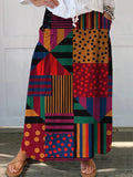 Multicolor Geometric Pattern Printed Women's Linen Pocket Skirt