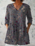 Women's Flowers Art Print Casual Linen V-neck Shirt