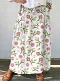 Women's Rose Floral Print Linen Pocket Skirt