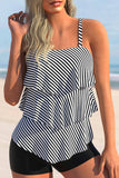 Striped Layered Hem Black Tankini Set
