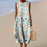 Women's Vintage Flower Art Print Sleeveless Cotton Pocket Wrap Dress