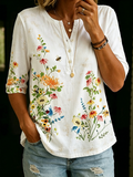 "Floral Whispers" — Bouquet-print Cotton T-shirt With Elbow-length Sleeves