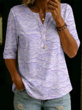 Women's Vintage Floral Print, Henley Collar, Mid-sleeve, Loose-fit Cotton-linen Shirt