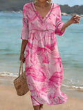 Bohemian Floral Print V-neck Cutout Waist Dress