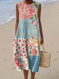 Women's Vintage Floral Pattern Art Print Sleeveless Cotton Pocket Wrap Dress