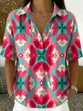 Retro Color-block Botanical & Geometric Print Cotton-linen Short-sleeve Shirt