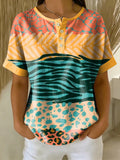 Retro Color-block Patchwork Print Loose-fit Cotton-linen Short-sleeve Shirt
