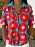 Retro Color-block Polka Dot Print Cotton-linen Short-sleeve Shirt