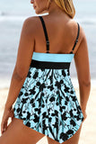 Light Blue Floral Print Lace Up Swimdress and Panty