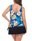 Yellow Flower Side Tie Blouson Tankini With Side Slit Swim Skirt