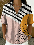 Women's Retro Color-block Striped Loose-fit Cotton-linen Short-sleeve Shirt