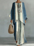 Women's Retro Lines Print Linen Cotton Top And Wide-leg Pants Two-piece Set