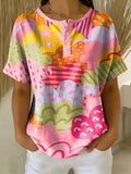 Retro Color-block Patchwork Print Loose-fit Cotton-linen Short-sleeve Shirt