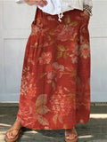 Women's Retro Floral Art Print Linen Pocket Skirt