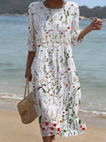 Women's Casual Solid Color Round Neck Mid-Sleeve Floral Print Cotton Linen Dress