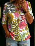Women’s Vintage Floral Print Casual Half Sleeve Henley Cotton Top
