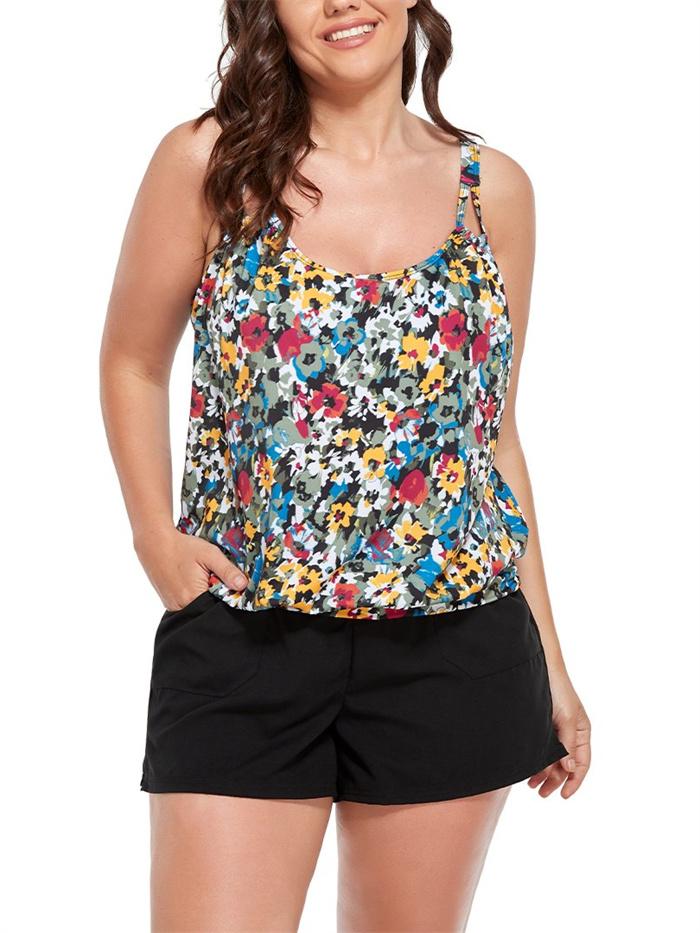 Small Floral Painting Loop Strap Blouson Tankini with Cargo Swim Short