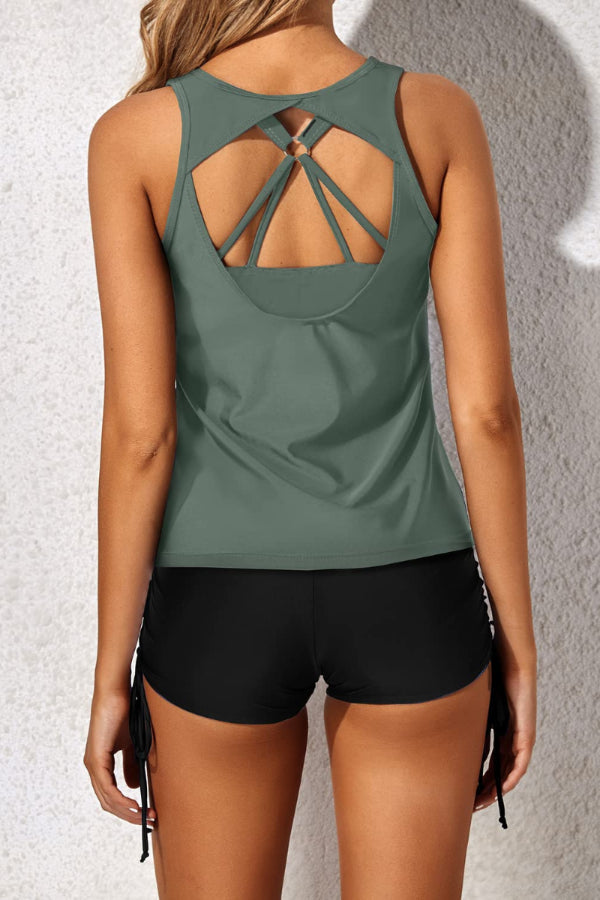 Black & Army Green 3 Piece Tankini Swimsuits Swim Tank Top Bathing Suits with Boy Shorts and Bra