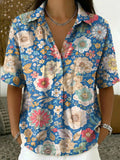 Women's Vintage Botanical Floral Casual Polo Collar Short-sleeved Linen And Cotton Shirt