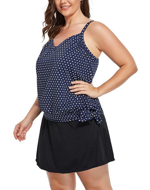 Navy Blue Dots Side Tie Tankini With A-Line Swim Skirt