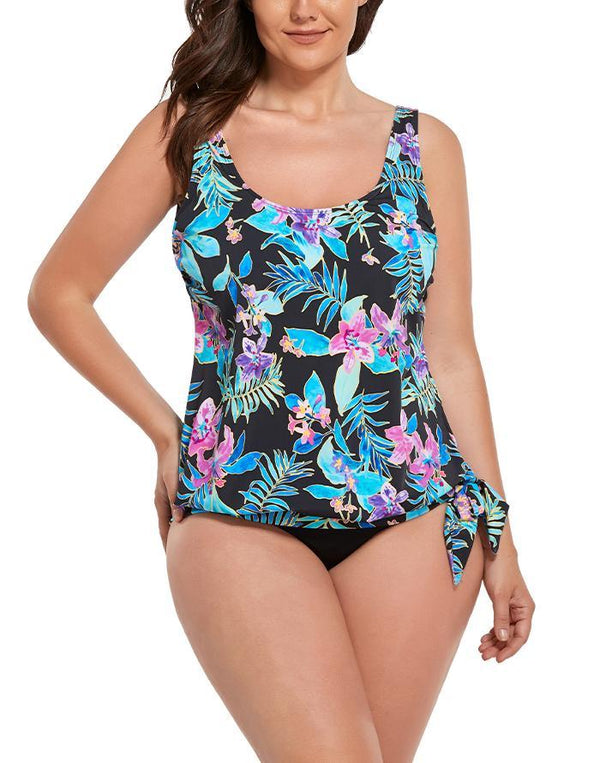 Neon Tropical Side Tie Blouson Tankini Set