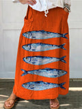 Women's Vintage Lovely Fish Art Print Linen Pocket Skirt