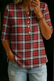 Women’s Red Plaid Half Sleeve Henley Cotton Top