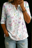 Women’s Pastel Butterfly Floral Print Half Sleeve Henley Cotton Top