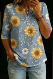 Women’s Sunflower Daisy Print Half Sleeve Henley Cotton Top