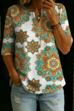 Women’s Teal Orange Mandala Floral Print Half Sleeve Henley Cotton Top