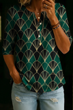 Women’s Emerald Art Deco Print Half Sleeve Henley Cotton Top