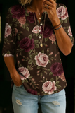 Women’s Brown Rose Floral Print Half Sleeve Henley Cotton Blend Top