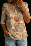 Women’s Beige Boho Medallion Print Half Sleeve Henley Cotton Blend Top