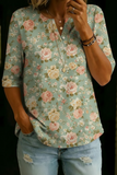 Women’s Sage Rose Floral Print Half Sleeve Henley Cotton Blend Top