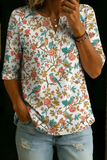 Women’s White Bird Floral Print Half Sleeve Henley Cotton Blend Top