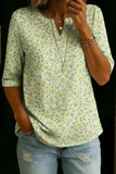 Women’s Yellow Blue Ditsy Floral Print Half Sleeve Henley Cotton Blend Top